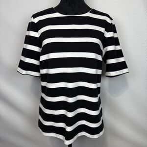 Talbots Lace-Back Black & White Striped Short Sleeved Knit Top Large